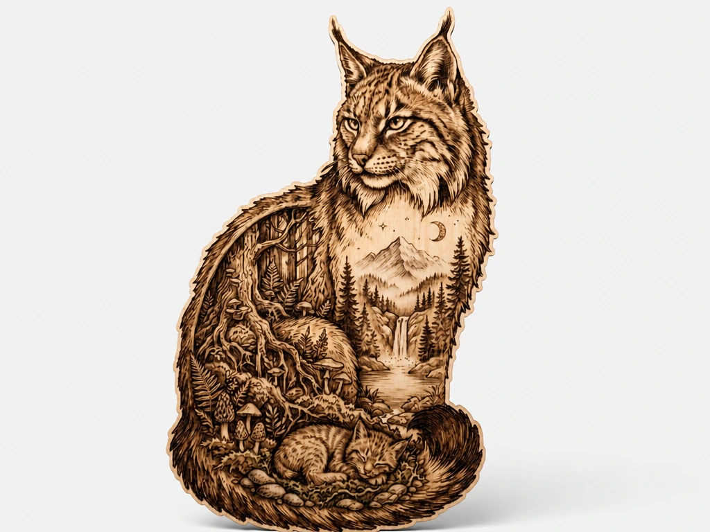 Holz-Wandbild mit Luchs-Motiv und Waldlandschaft