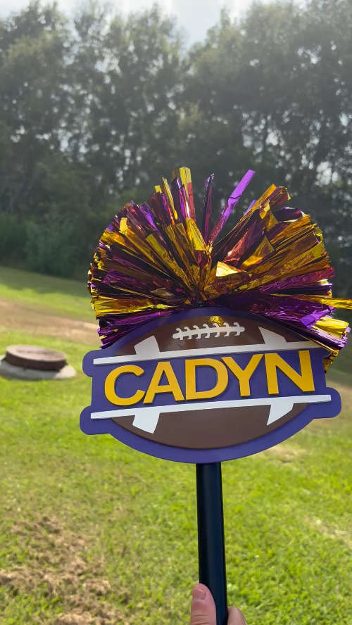 [Laser cut and engrave] Personalized Football Spirit Stick with Purple and Gold Pom Poms