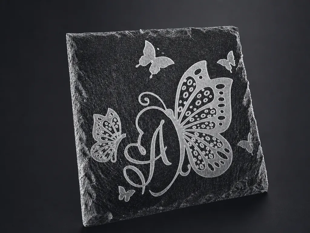 Square Slate Plaque Featuring Letter A and Butterfly Motif