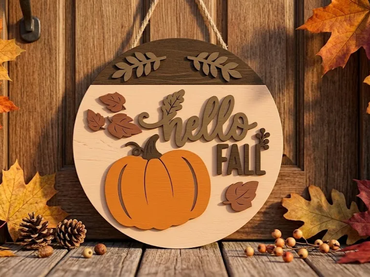 Hello Fall Round Wooden Door Sign with Pumpkin and Leaf Accents