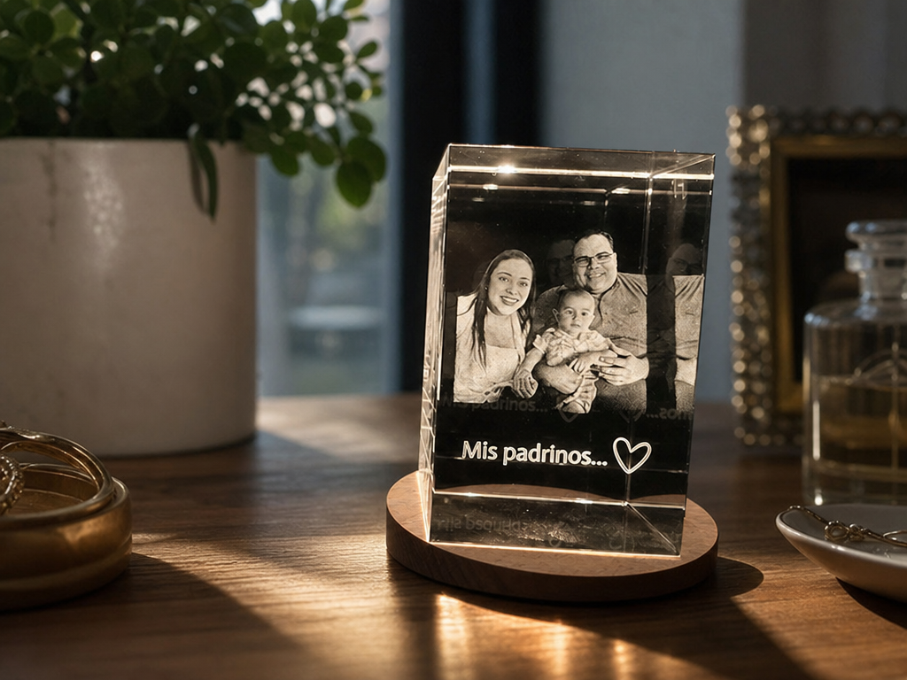 Personalized 3D Photo Crystal Block with Mis Padrinos Text