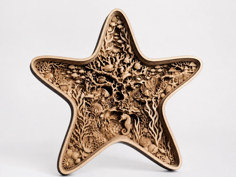 Starfish Shaped Wall Art Featuring Intricate Underwater Coral Reef and Sea Life Scene