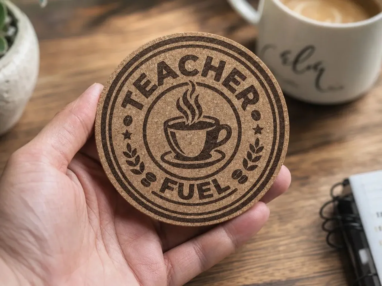 [Laser cut and engrave] Teacher Fuel Cork Coaster with Coffee Cup Graphic