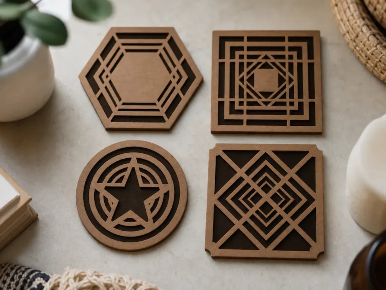 [Laser cut and engrave,DTF Printing,Other] Set of Four Geometric Patterned Drink Coasters