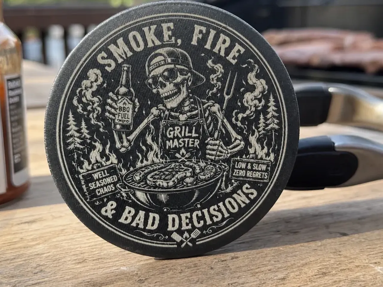 [Laser cut and engrave] Grill Master Skeleton Round Coaster with Smoke Fire and Bad Decisions Text