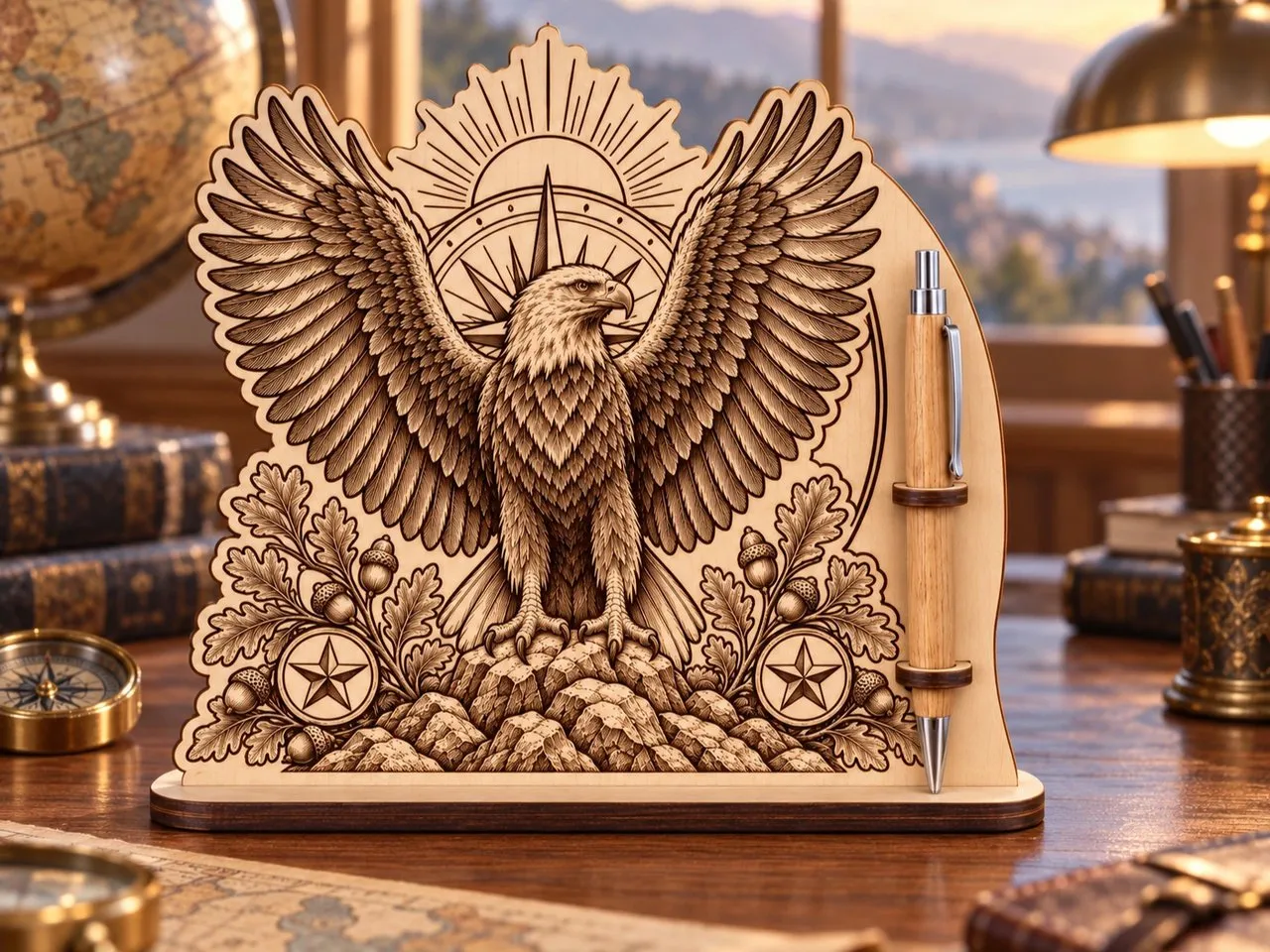 [Laser cut and engrave] Porte-stylo de bureau avec motif aigle majestueux et boussole