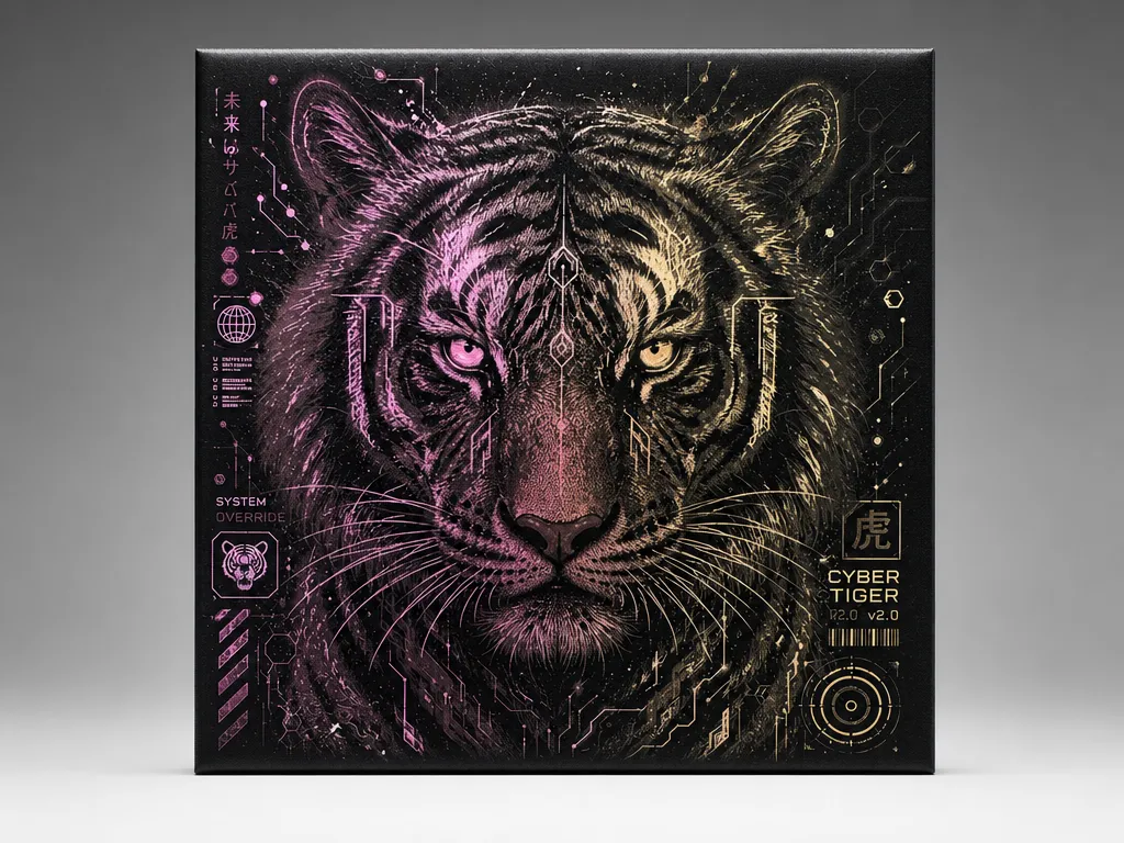 Cybernetic Tiger Wall Art with Neon Circuitry Details Painted Tile