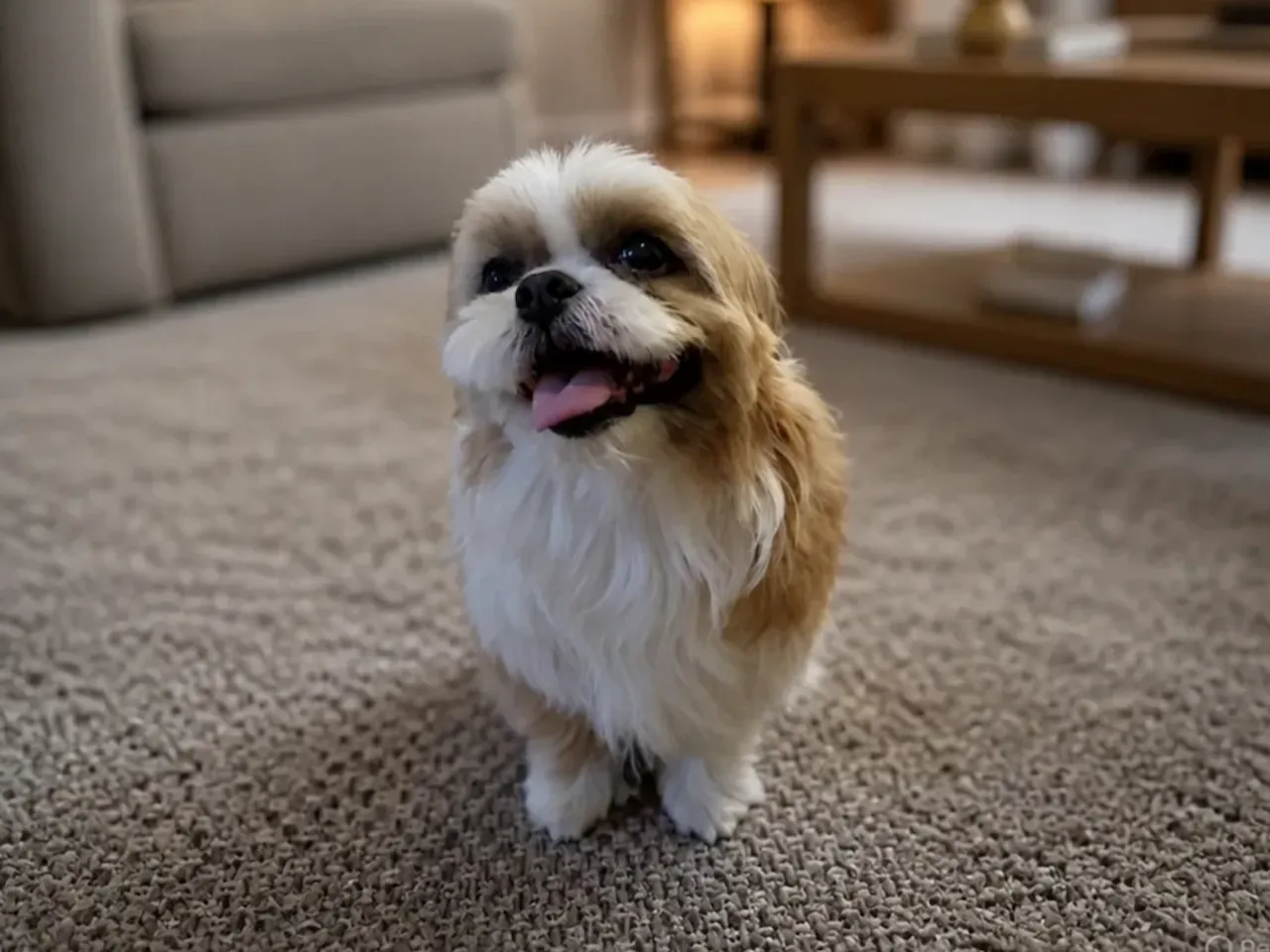 [Laser cut and engrave] Happy Shih Tzu dog sitting on a carpeted floor