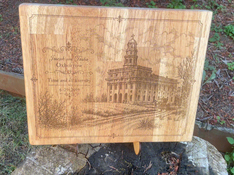 Personalized Wooden Cutting Board Featuring Temple Illustration and Wedding Date