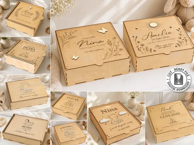 Personalized Wooden Baby Keepsake Memory Box for Birth Announcements Laser Cut Bundle