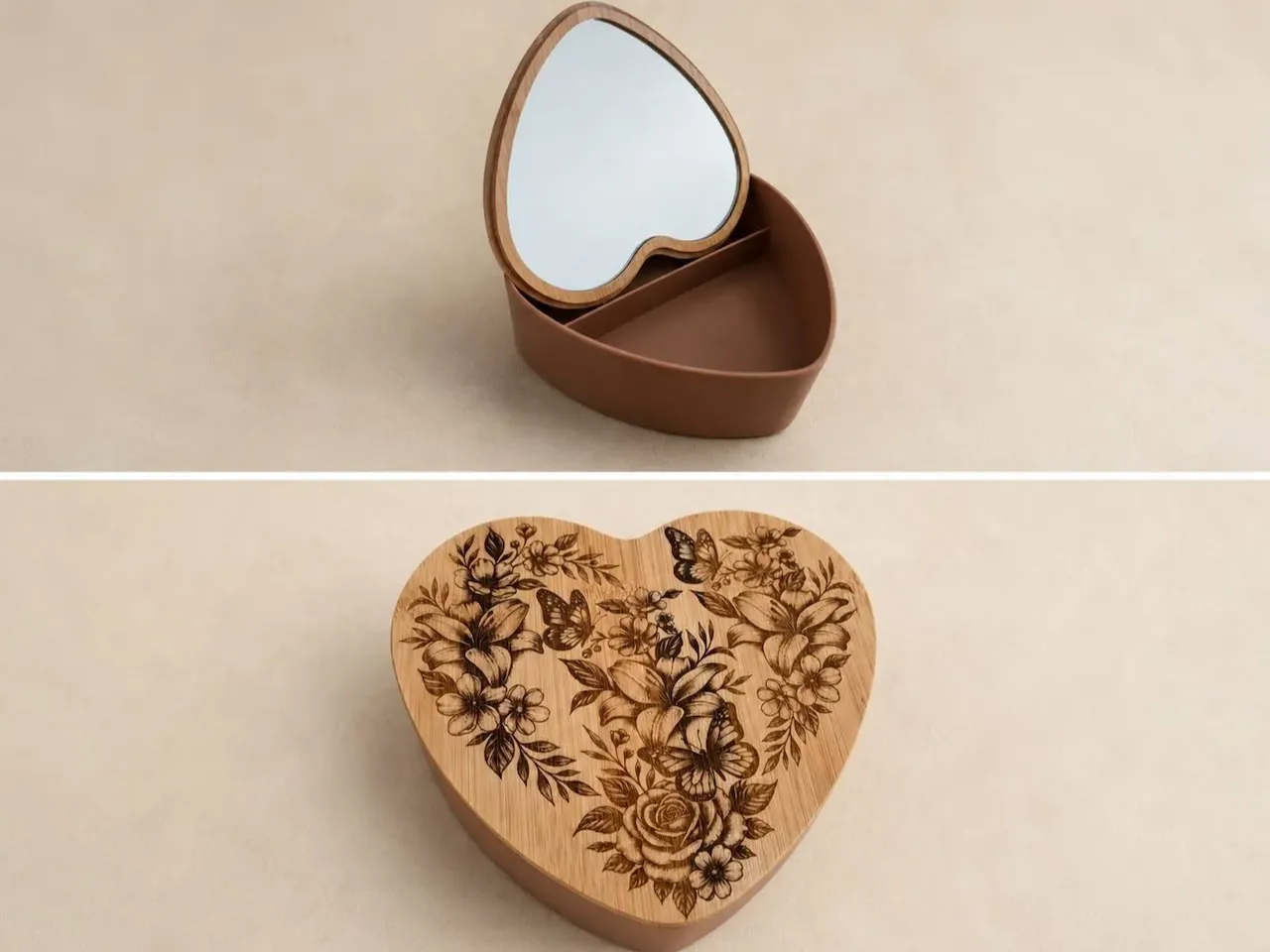[Laser cut and engrave] Boîte à bijoux en forme de cœur avec miroir et motifs floraux
