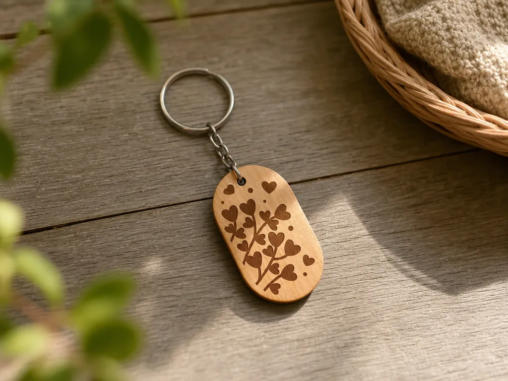 Oval wooden keychain with heart-shaped leaf branch motif