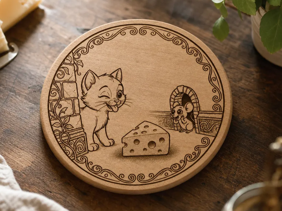 Round Wooden Cutting Board with Cat and Mouse Illustration Or Cork Coaster
