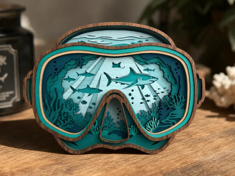 Layered Wooden Scuba Diving Mask Wall Art with Shark and Coral Reef Scene