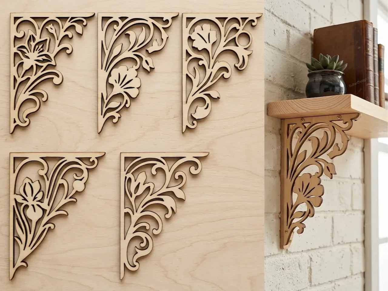 [Laser cut and engrave] Floral Scrollwork Wooden Shelf Bracket