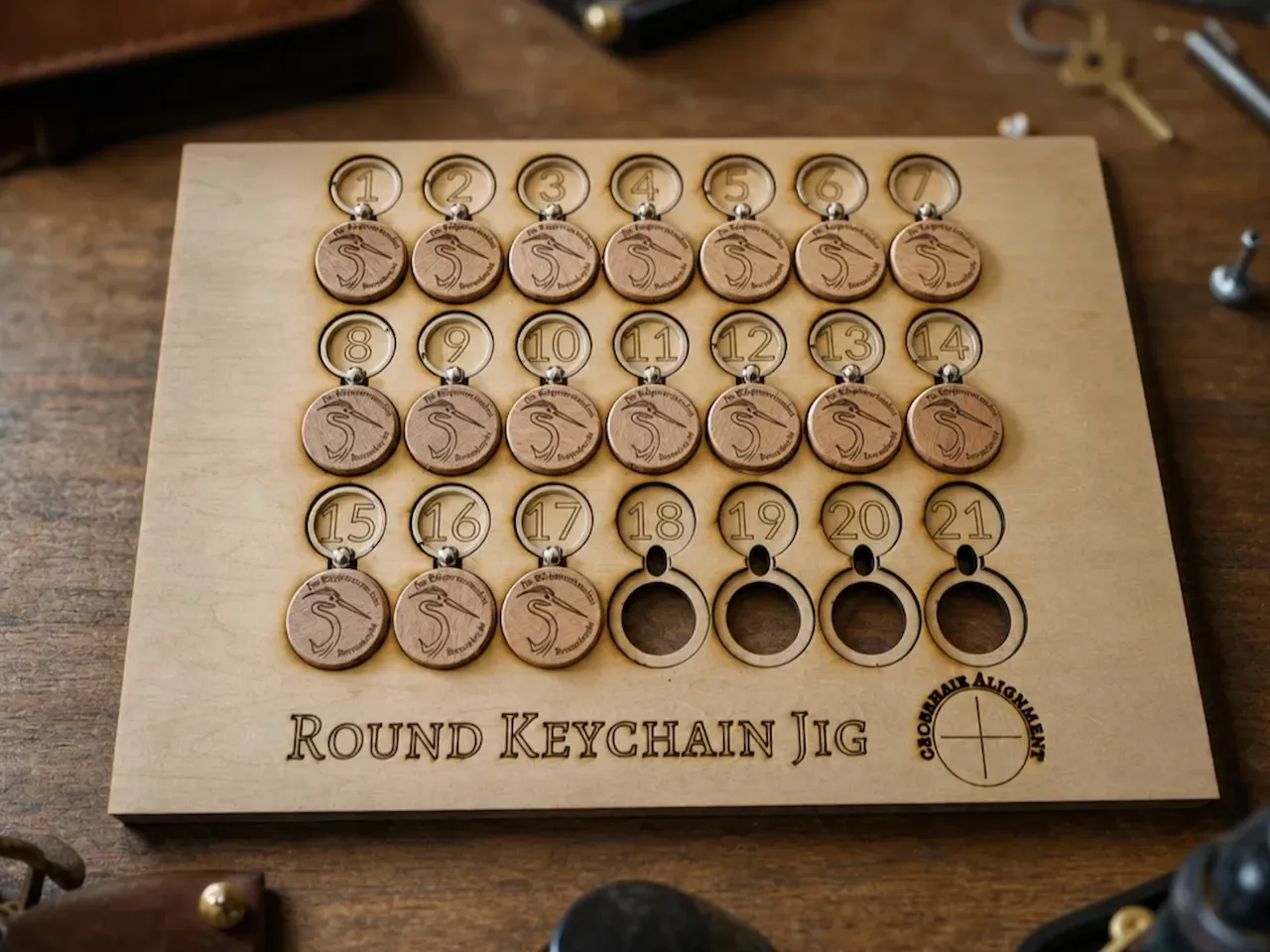 [Laser cut and engrave] Numbered Wooden Keychain Alignment Jig for Round Keyrings