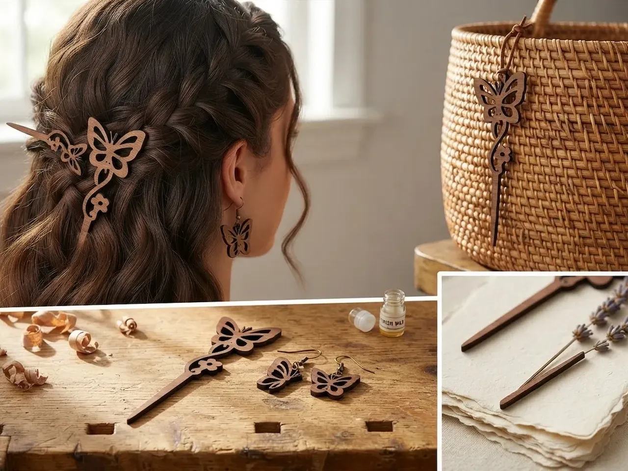 [Laser cut and engrave] Butterfly Hair Pin and Matching Earring Set