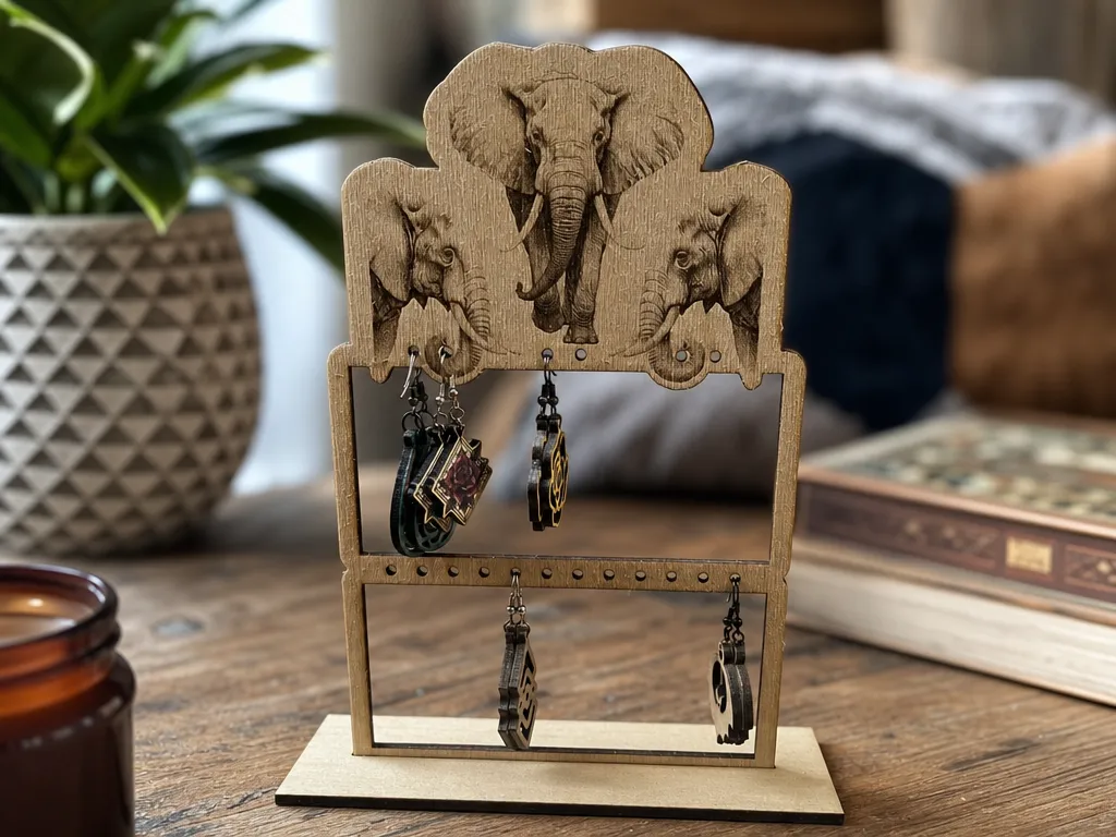 Présentoir à boucles d'oreilles pendantes en bois avec motif d'éléphants