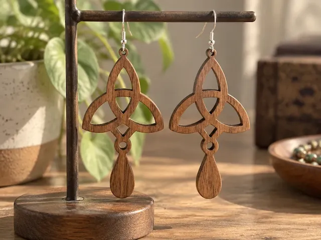 Anting kayu motif simpul triquetra gaya etnik