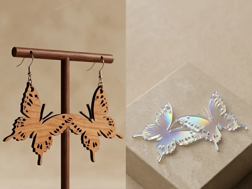 Butterfly Dangle Earrings in Wood and Iridescent Acrylic