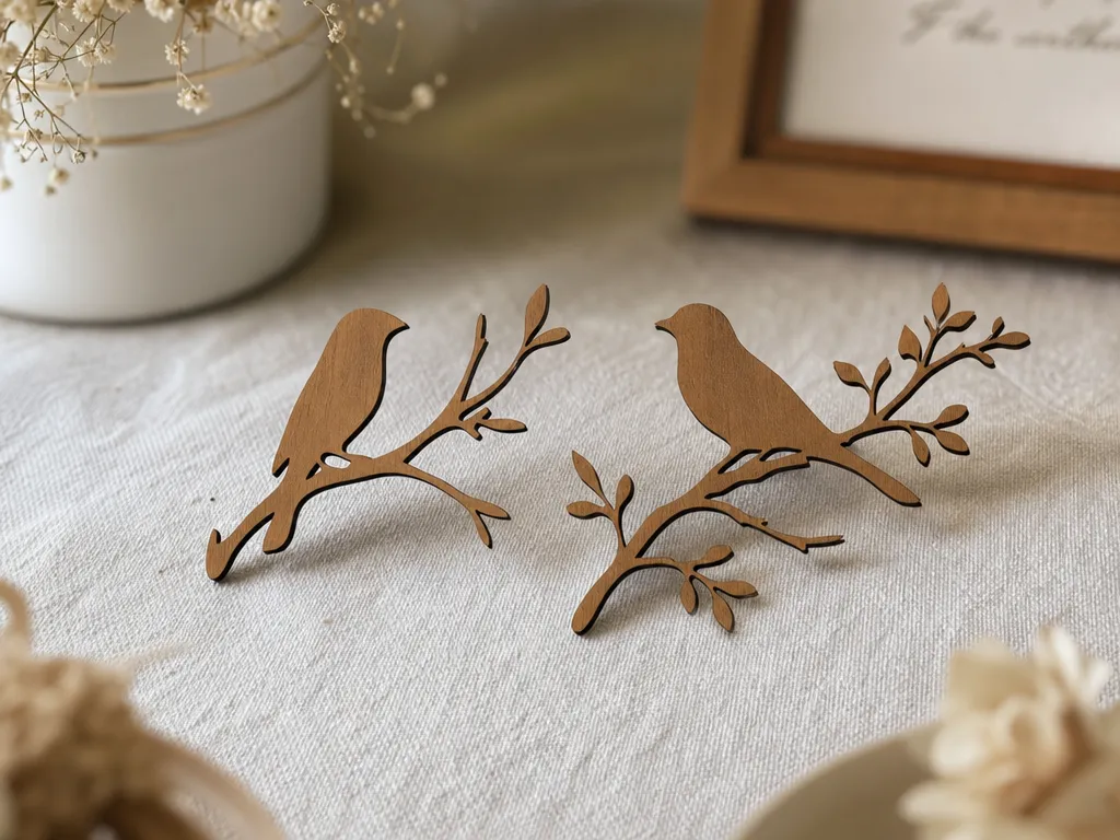 Wooden Bird on Branch Silhouette Cutouts