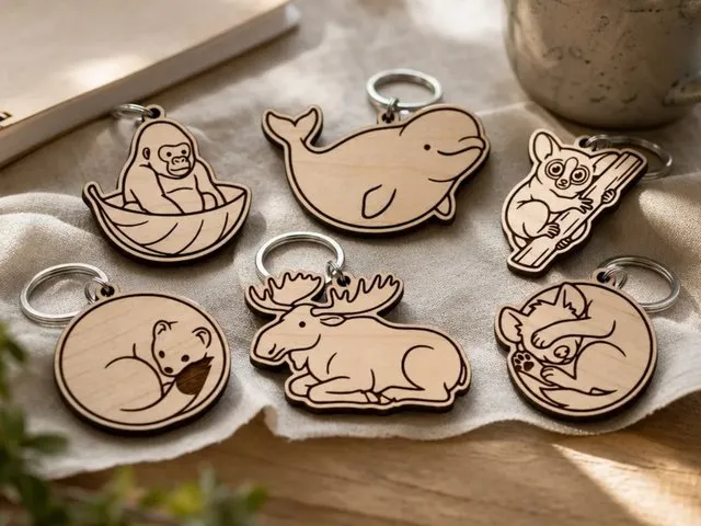 Set of Wooden Animal Keychains Featuring Gorilla, Whale, Moose, and Other Wildlife