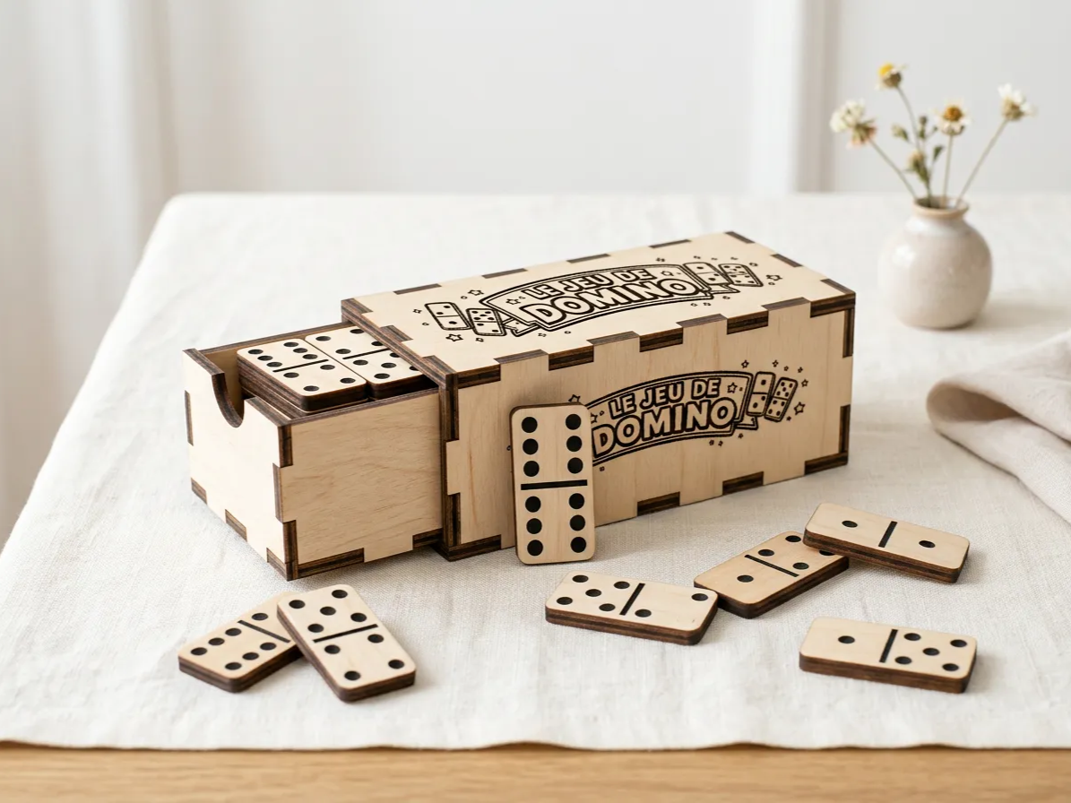 Jeu de dominos en bois avec boîte de rangement.