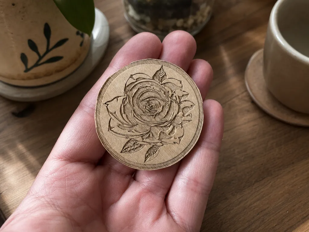 Runder Holzanhänger (Ahorn) mit detailliertem Rosenmotiv