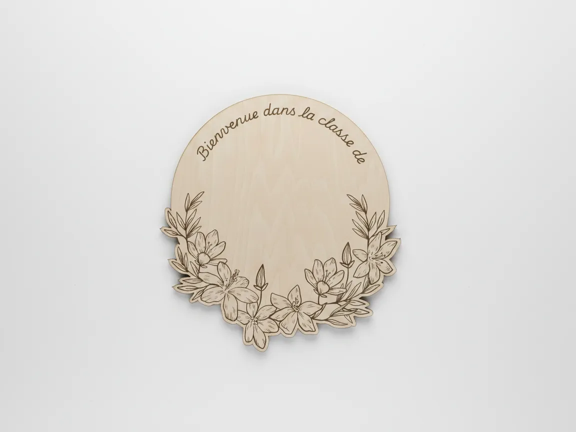 Plaque ronde en bois Bienvenue dans la classe de avec motif floral