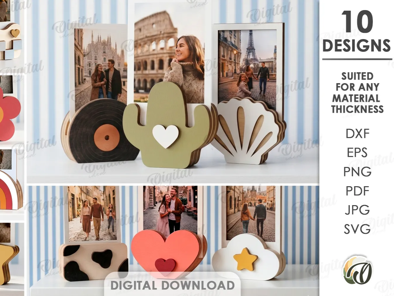 3D Polaroid Holder Bundle. 10 Cute Photo Stands Laser cut files. Desk Picture Display. Minimalist Home Decor. Heart. Daisy SVG. Retro