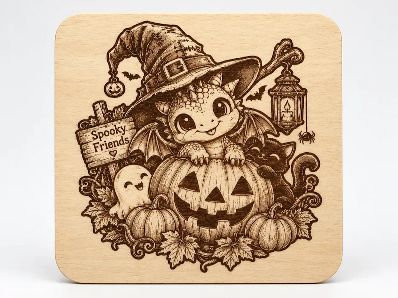 [Laser cut and engrave] Spooky Friends Dragon and Pumpkin Halloween Wooden Coaster