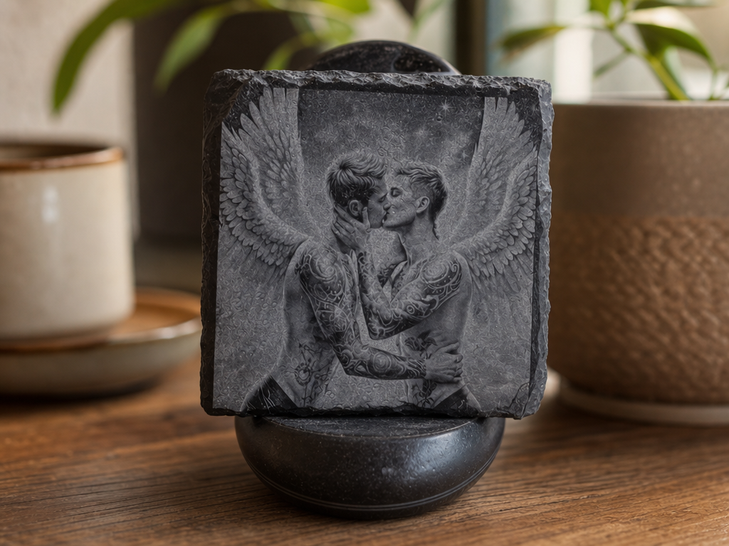 Square Slate Plaque Featuring Two Kissing Winged Angels