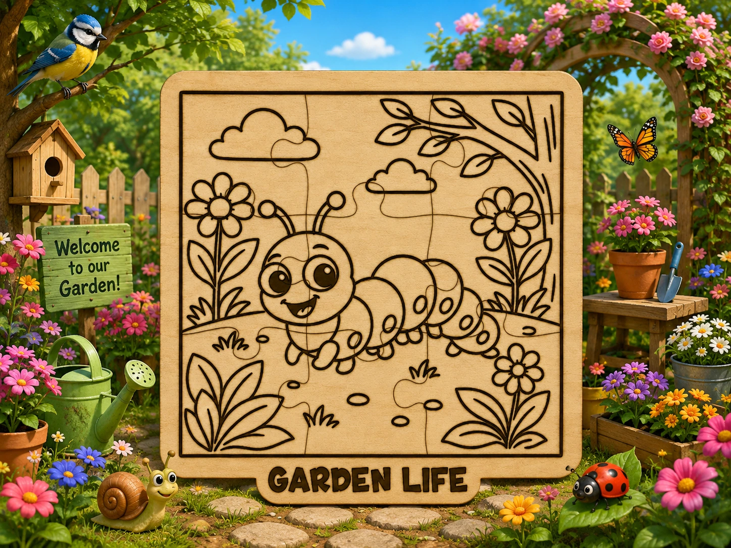 Garden Life Caterpillar Puzzle SVG XCS | Smiling Bug Wooden Puzzle for Children | Laser Ready Educational Toy | Kids Nature Craft