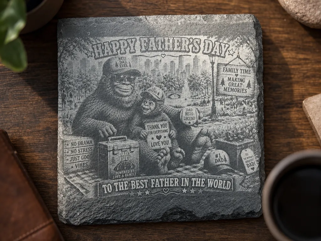 Father's Day Bigfoot and Baby Sasquatch Slate Coaster