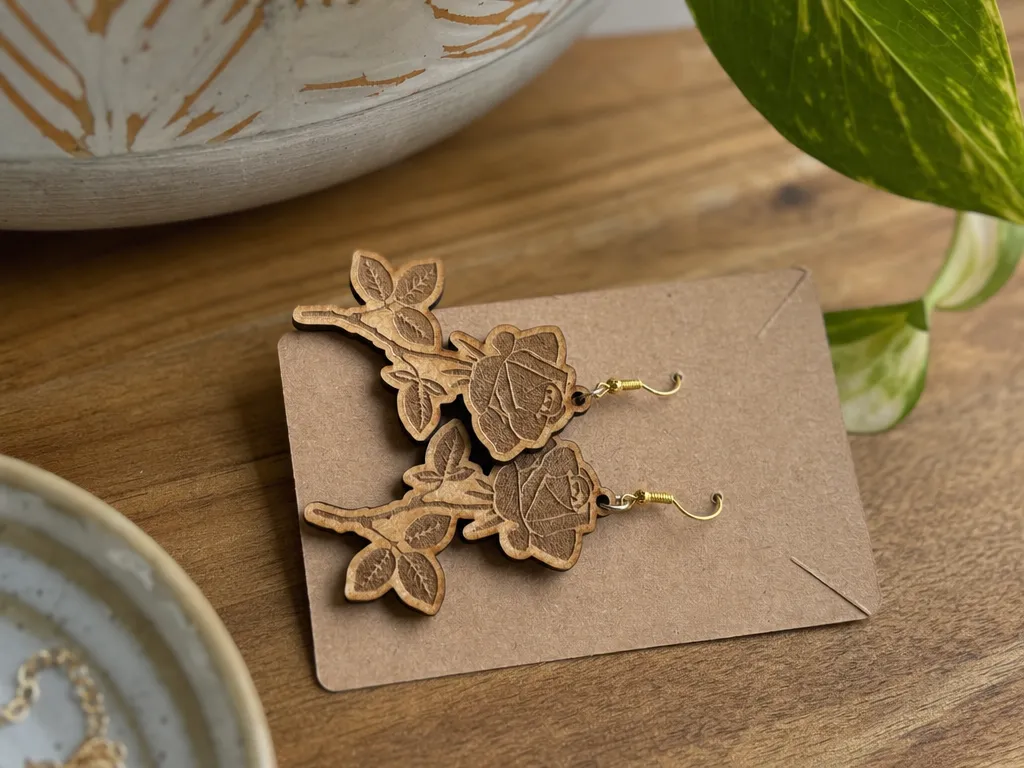 Ohrringe mit Rosenmotiv aus Holz