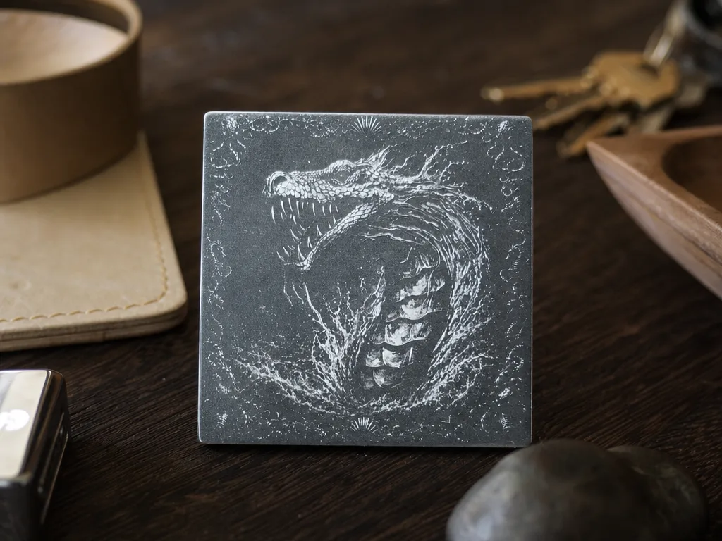 Square White Coaster Featuring a Detailed Sea Serpent Illustration