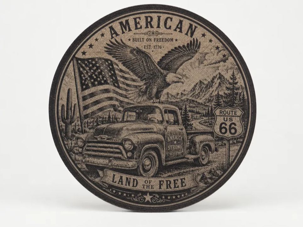American Eagle and Vintage Truck Route 66 Round Coaster Design