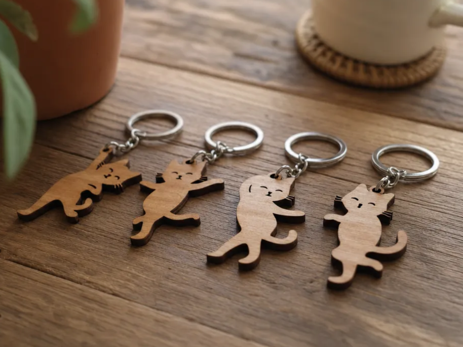 Wooden cat shaped keychains in various dancing poses