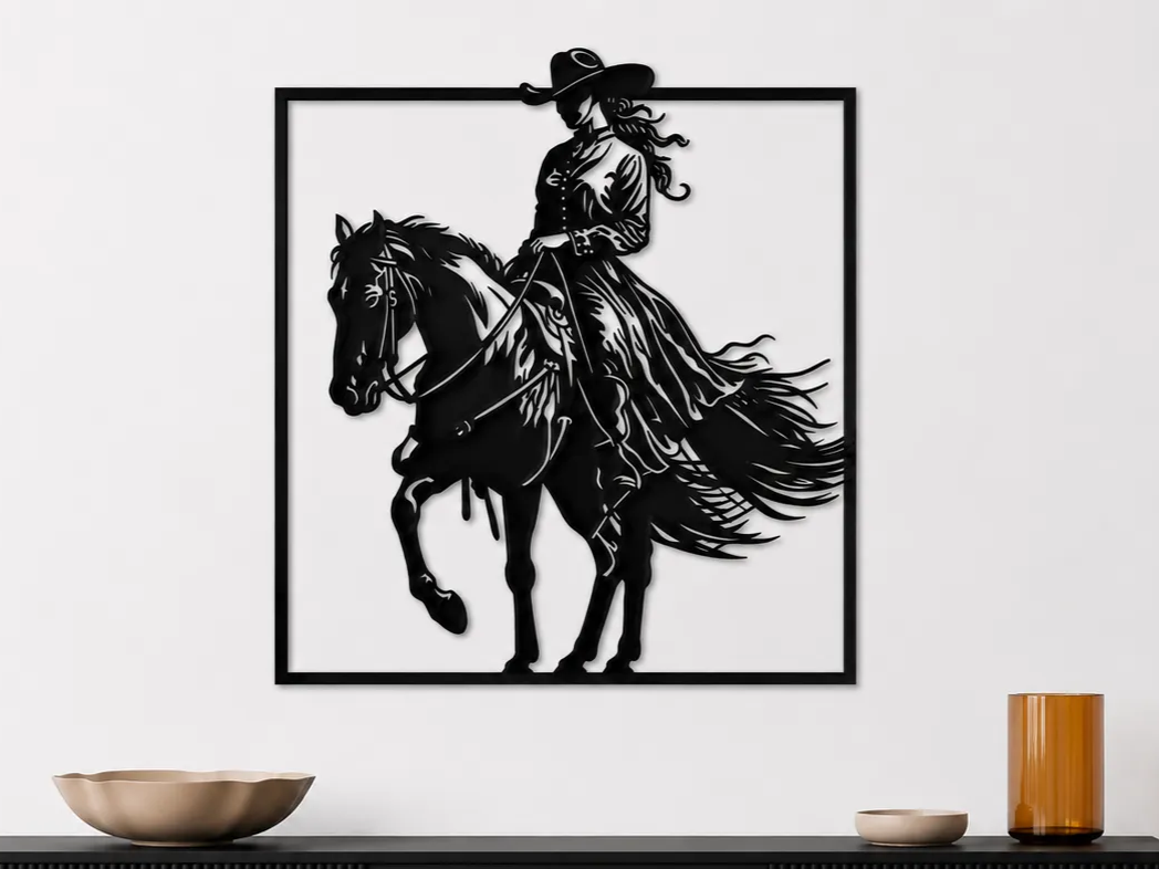 Cowgirl Horse Wall Art SVG | Western Woman Riding Horse Decor | Equestrian Silhouette | Country Ranch Wall Art | SVG Digital Download