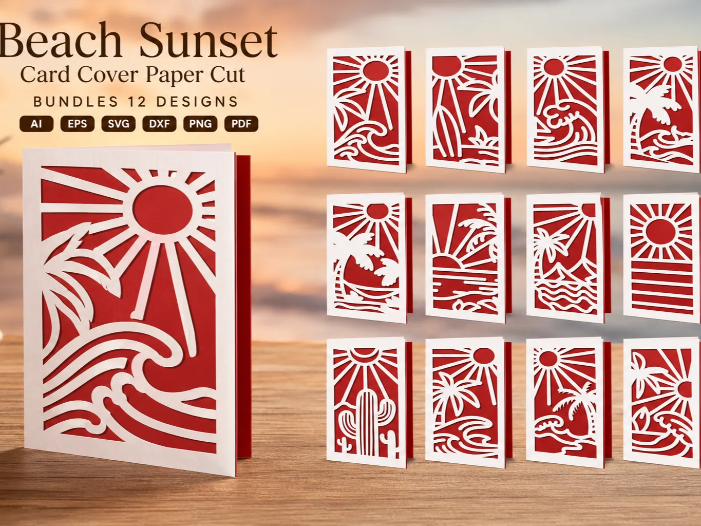 Beach Sunset Themed Greeting Card Covers with Tropical Palm and Ocean Motifs