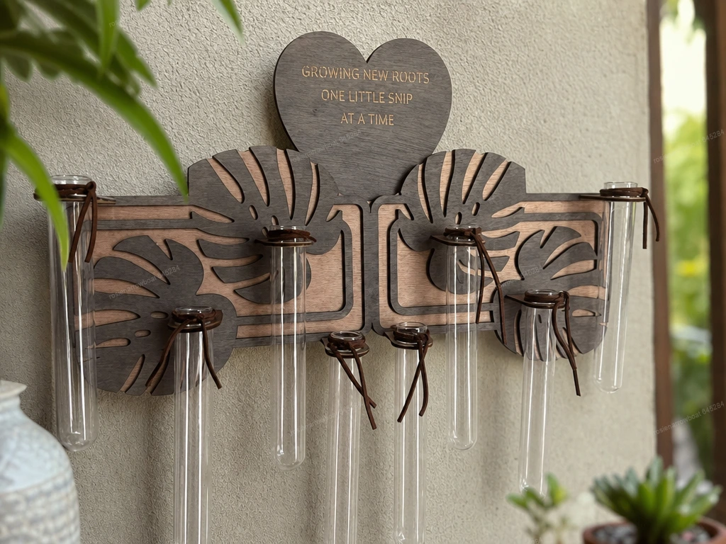 Monstera Leaf Wall Hanging Propagation Station with Glass Test Tubes