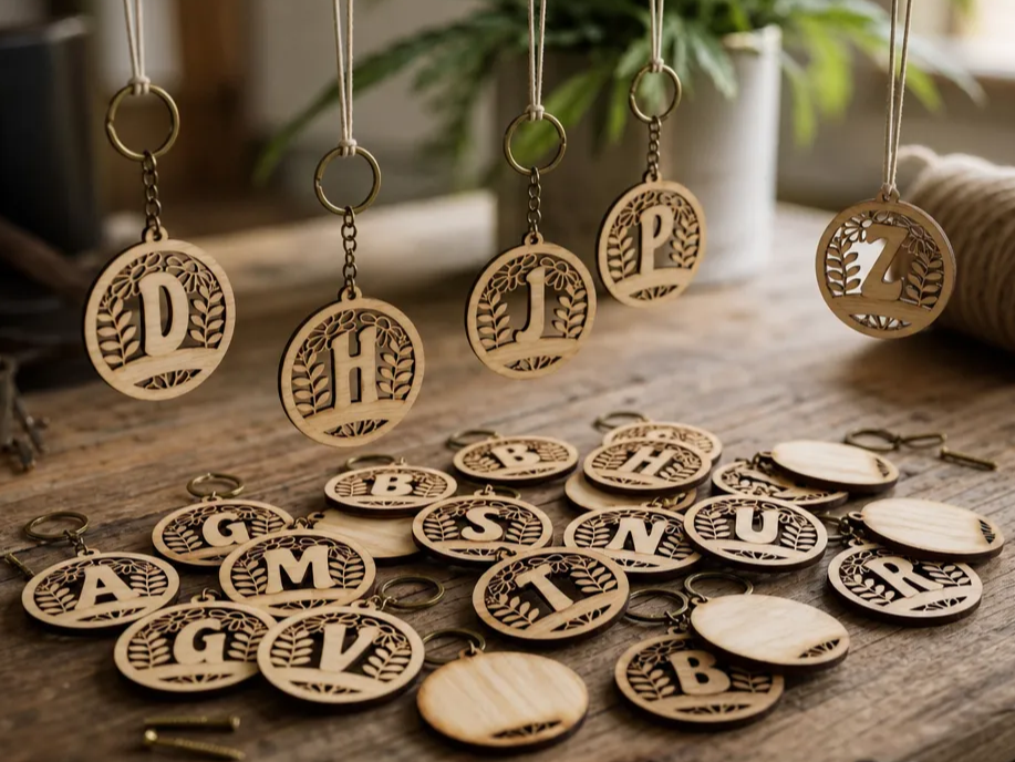 Round Floral Monogram Letter Keychain