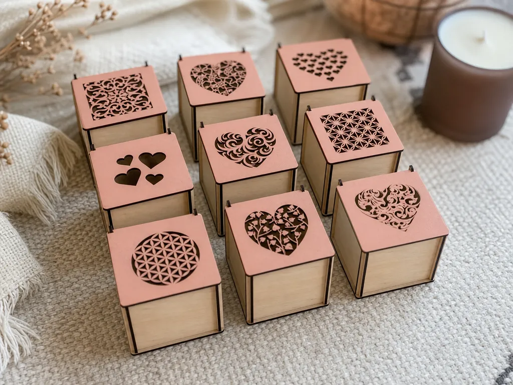 Small wooden keepsake boxes with intricate heart and geometric cutouts