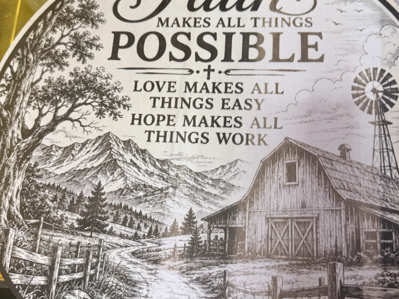 [Laser cut and engrave] Faith Makes All Things Possible Farmhouse Wall Sign with Mountain and Barn Scene