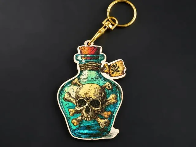 Poison Bottle Keychain with Skull and Crossbones Motif