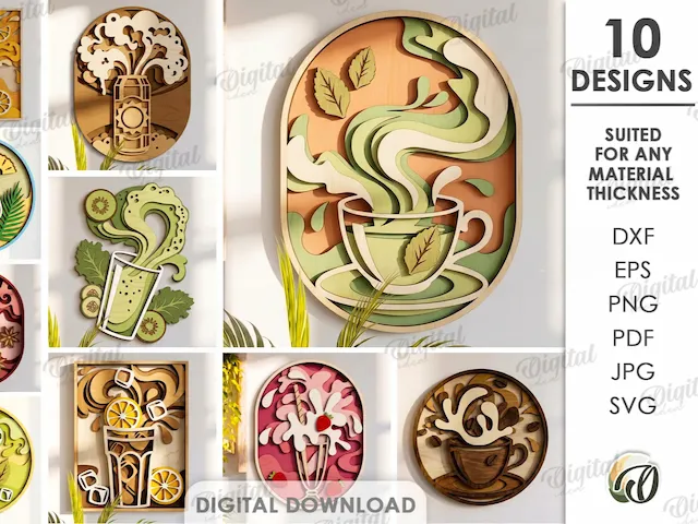 3D Layered Drink Wall Decors Bundle. Kitchen Decor Laser Cut Files. Coffee SVG. Tea. Cocktail Summer Wall Art. Milkshake. Wine. Beer