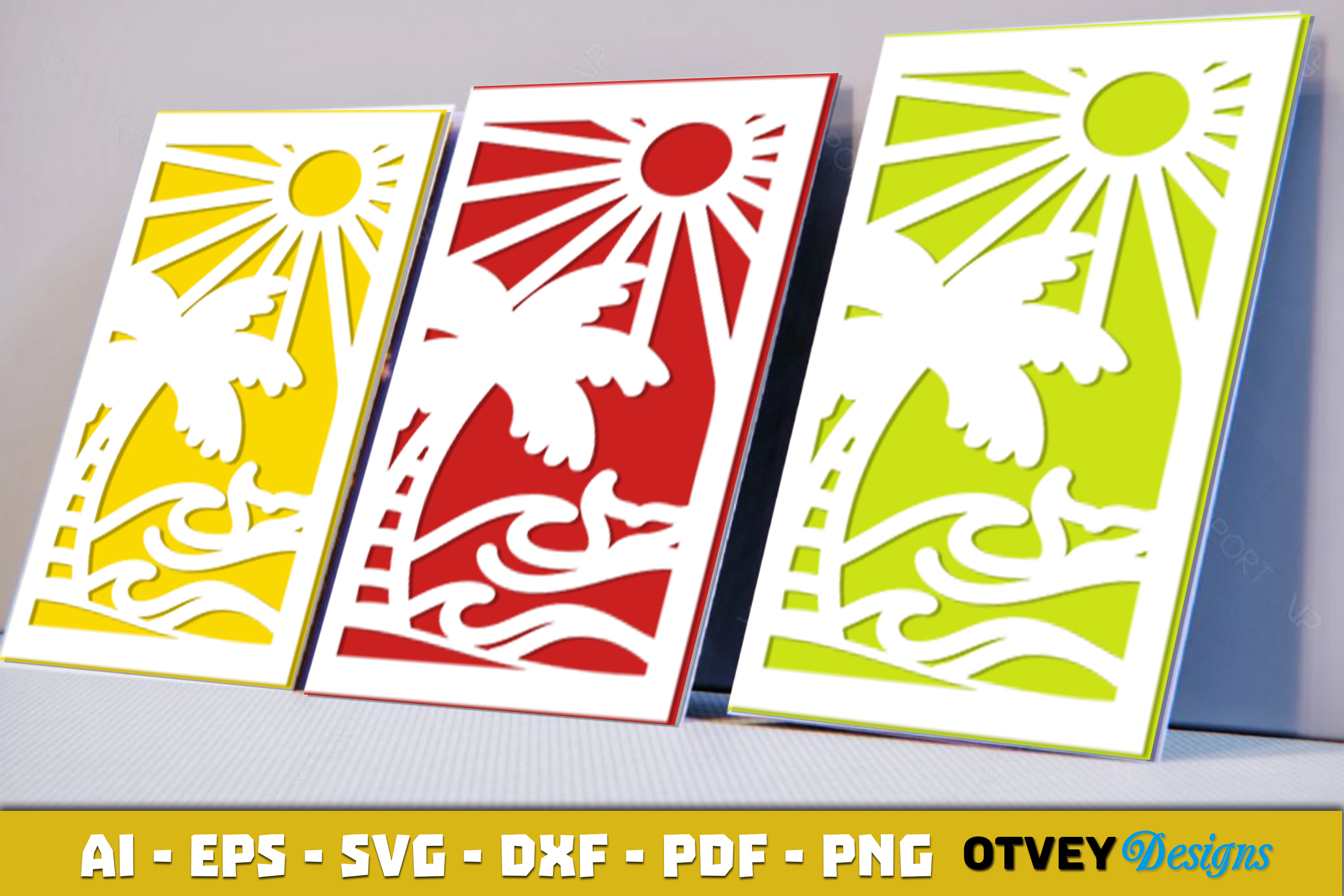 [Laser cut and engrave] Tropical beach scene greeting card with palm tree and sun motif