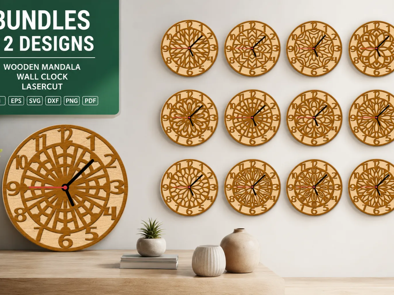 Mandala Pattern Wooden Wall Clock with Geometric Cutout Details