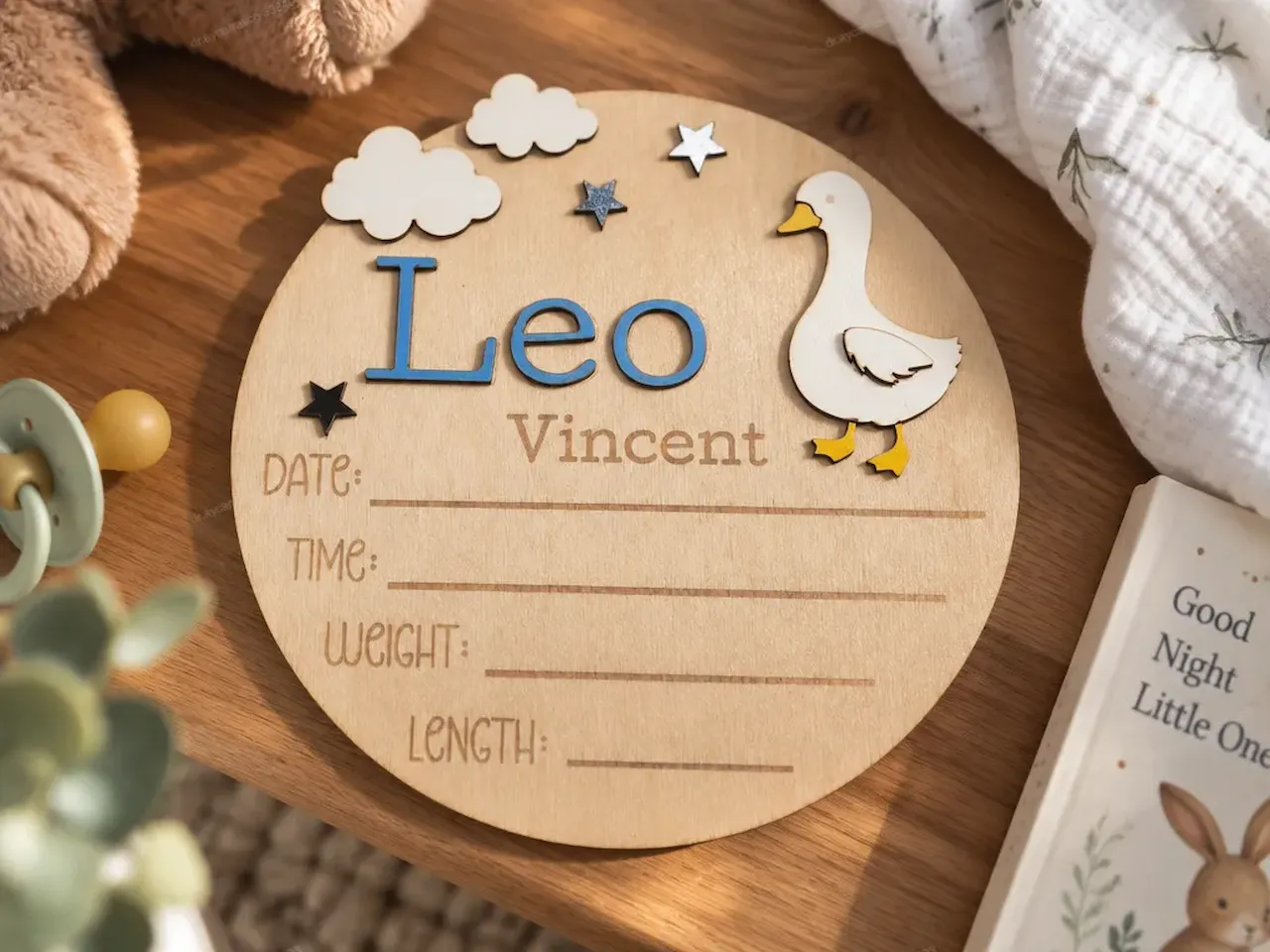 [Laser cut and engrave] Baby Birth Announcement Plaque with Duck Motif and Personalized Name