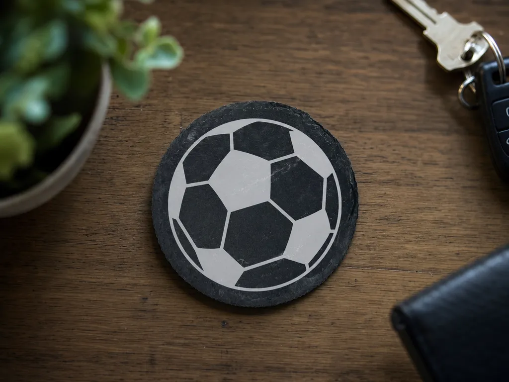Round Slate Coaster with Soccer Ball Motif